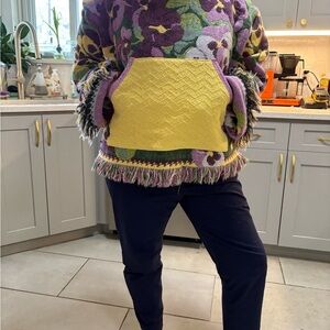 Repurposed Floral Patterned blanket into Hoodie with fringe